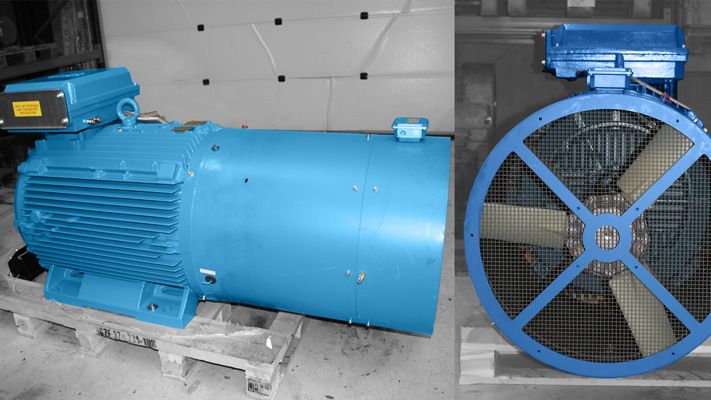 Moteur électrique bleu à ventilation forcée sur palette, vu de côté puis de face avec son ventilateur
