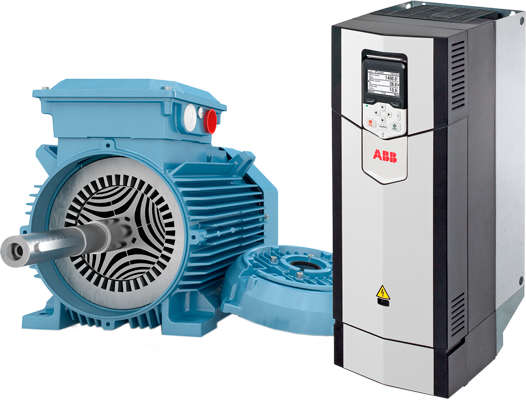 Moteur ABB bleu à rotor apparent et variateur de fréquence ABB, présentés côte à côte